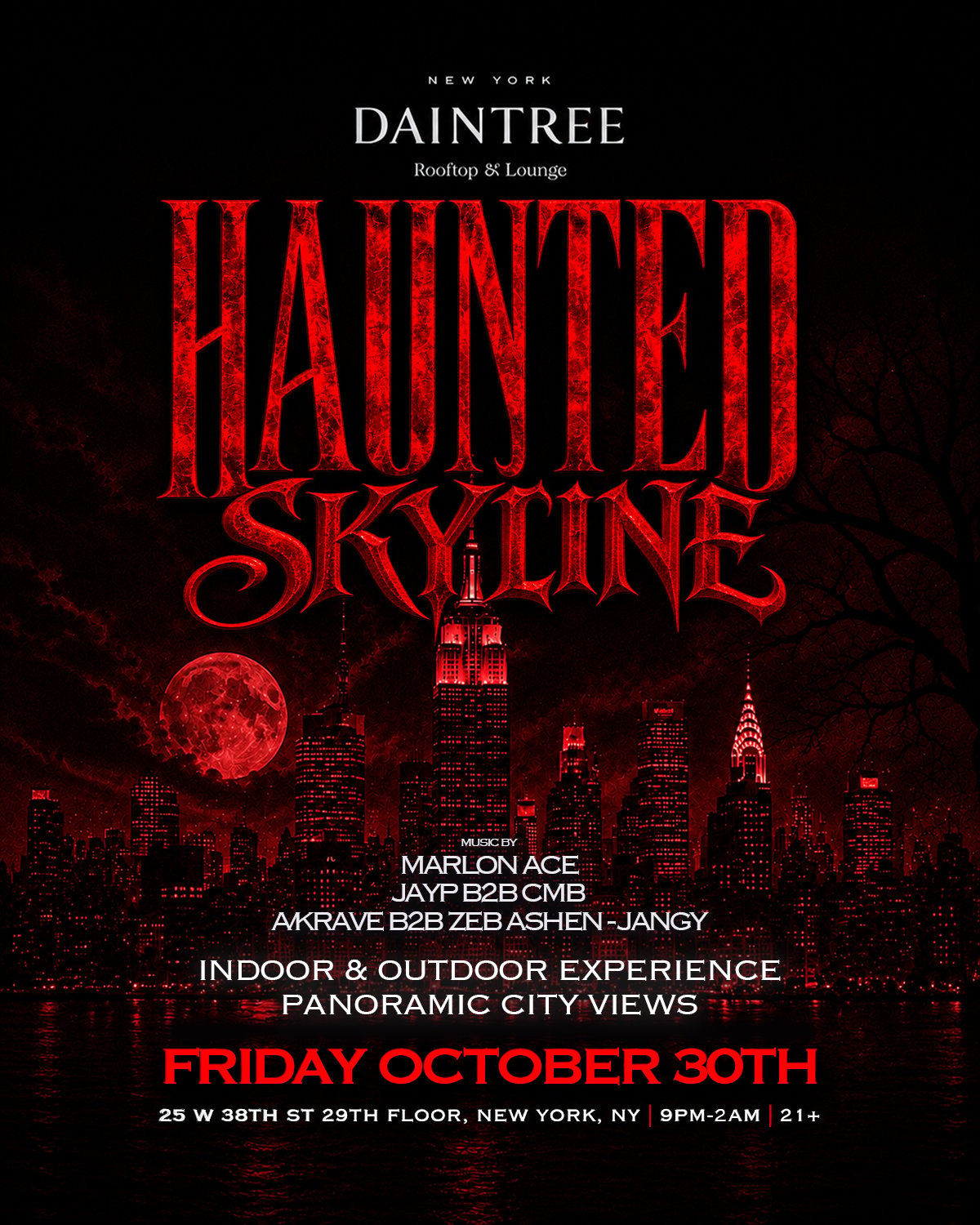 Haunted Skyline at Daintree Rooftop flyer for Fri, Oct 30 · 9 PM–2 AM