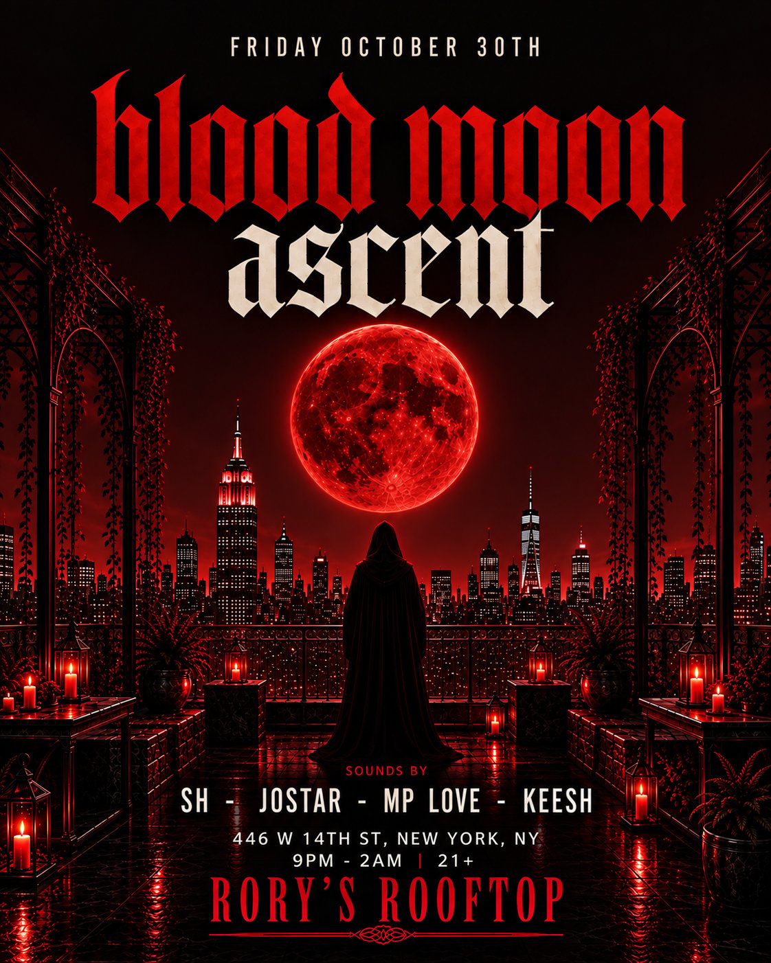 Blood Moon Ascent at Rory’s Rooftop flyer for Fri, Oct 30 · 9 PM–2 AM