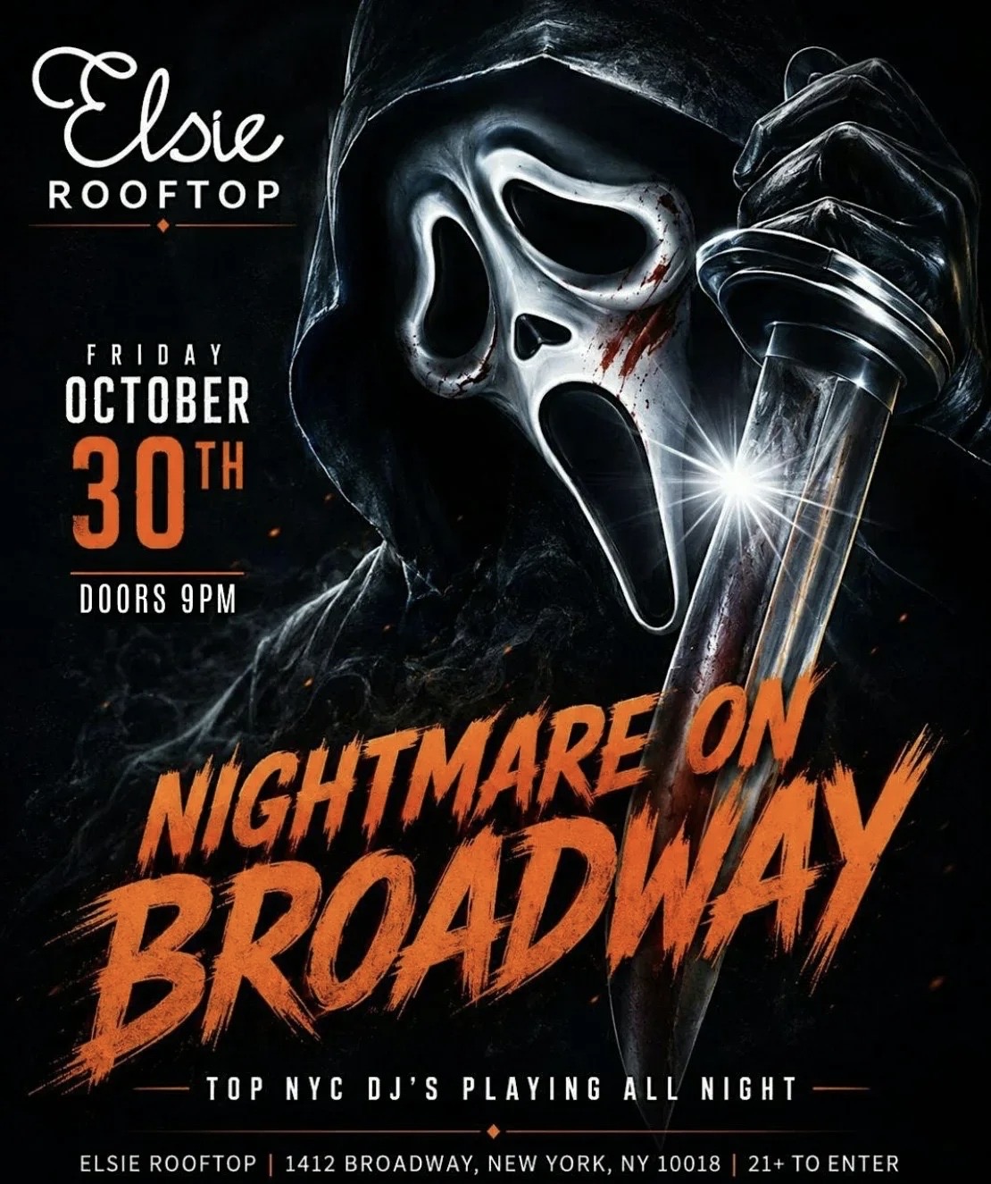 Nightmare On Broadway at Elsie Rooftop flyer for Friday, October 30, with doors at 9 PM