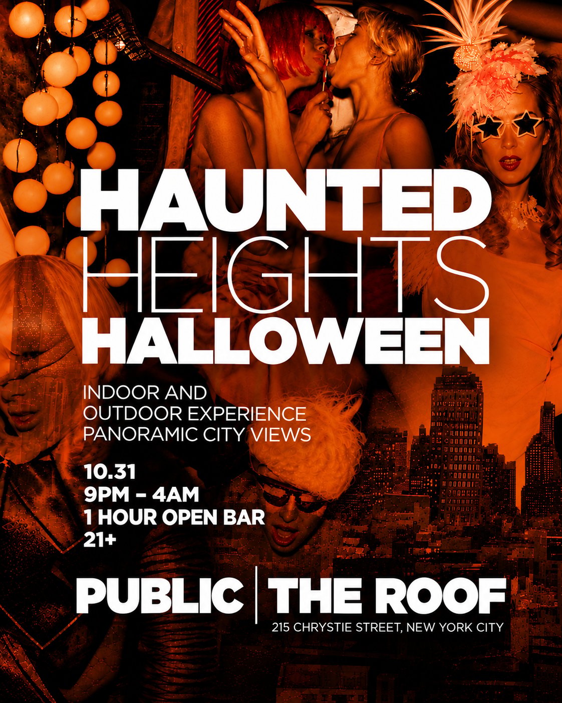 Haunted Heights Halloween flyer at PUBLIC The Roof for October 31, 9 PM–4 AM, at 215 Chrystie Street